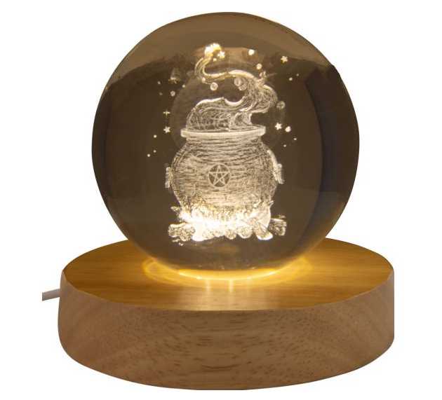 Home Decor -Glass Crystal Ball -Engrave Cauldron -With LED Light Wood Base -3″