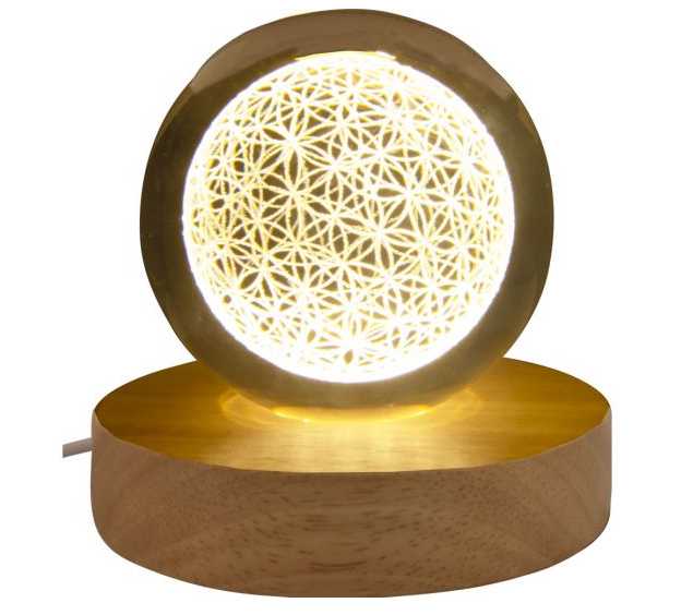 Home Decor -Glass Crystal Ball -Engrave Flower of Life -With LED Light Wood Base -3″