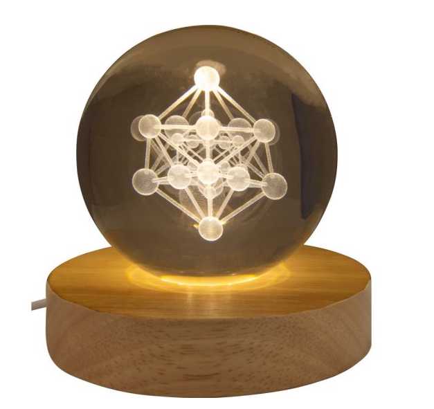 Home Decor -Glass Crystal Ball -Engrave Metatron -With LED Light Wood Base -3″