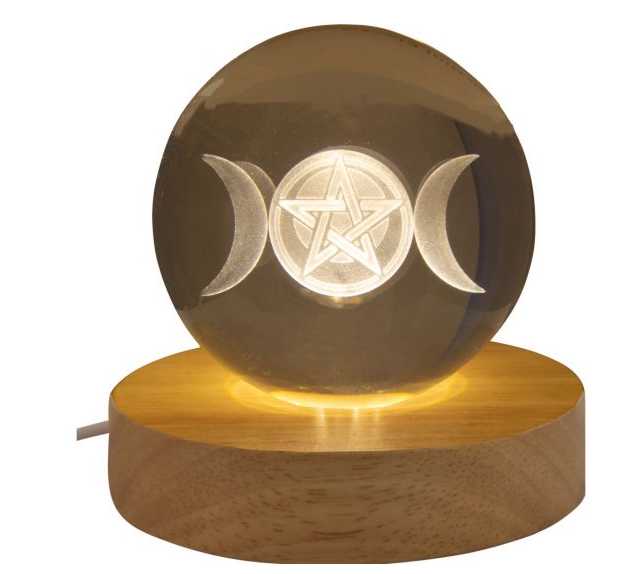 Home Decor -Glass Crystal Ball -Engrave Triple Moon & Pentacle -With LED Light Wood Base -3″