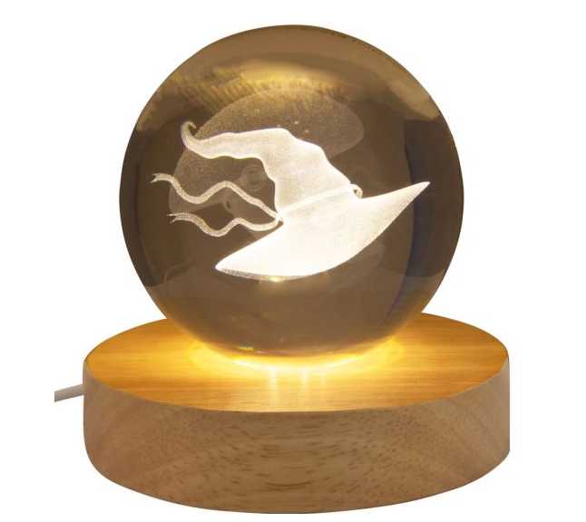 Home Decor -Glass Crystal Ball -Engrave Witch Hat -With LED Light Wood Base -3″