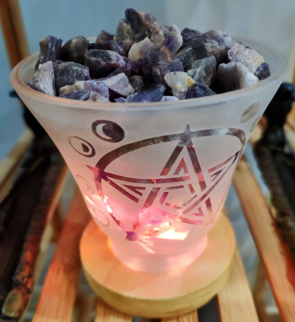 Home Decor -Lamp -Amethyst -Frosted Glass -Pentacle -Moons -4.75-5”H