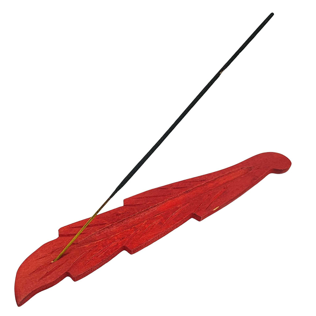 Incense Burner -Stick Holder -Mango Wood -Leaf Coloured -Red