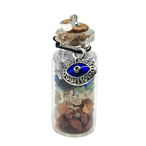 Necklace -7 Chakras Gemstone Chips -Evil Eye Charm -Large Glass Bottle