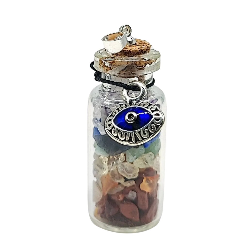 Necklace -7 Chakras Gemstone Chips -Evil Eye Charm -Large Glass Bottle
