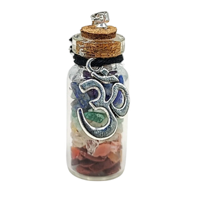 Necklace -7 Chakras Gemstone Chips -OM Charm -Large Glass Bottle