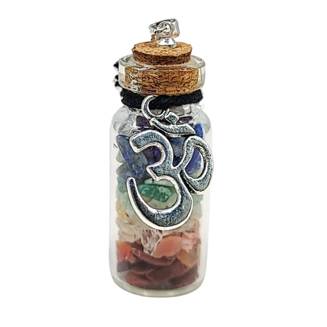 Necklace -7 Chakras Gemstone Chips -OM Charm -Large Glass Bottle