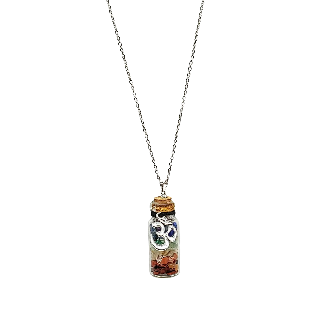 Necklace -7 Chakras Gemstone Chips -OM Charm -Large Glass Bottle