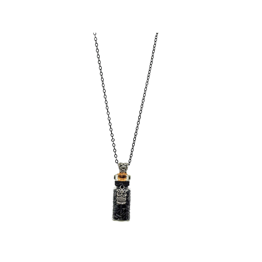 Necklace -Black Tourmaline Gemstone with Owl -Bottle -Bottle -Aromes Evasions 