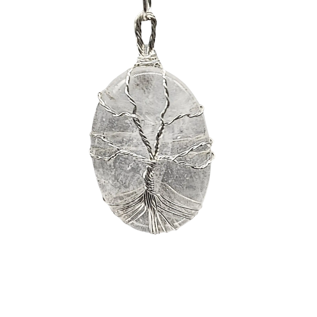 Necklace -Crystal Quartz Palm Stone -Tree of Life