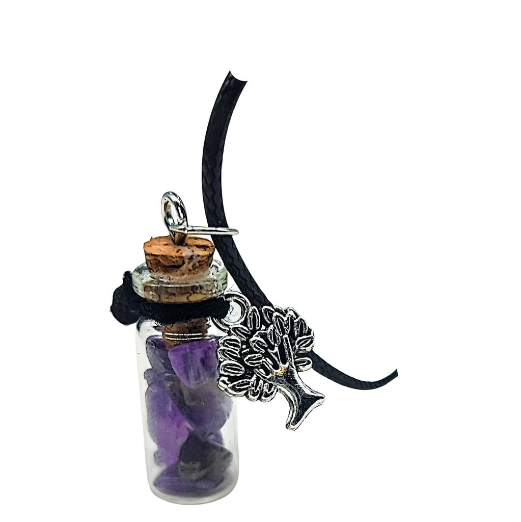 Necklace -Gemstone Chips -Tree of Life -Small Glass Bottle Amethyst