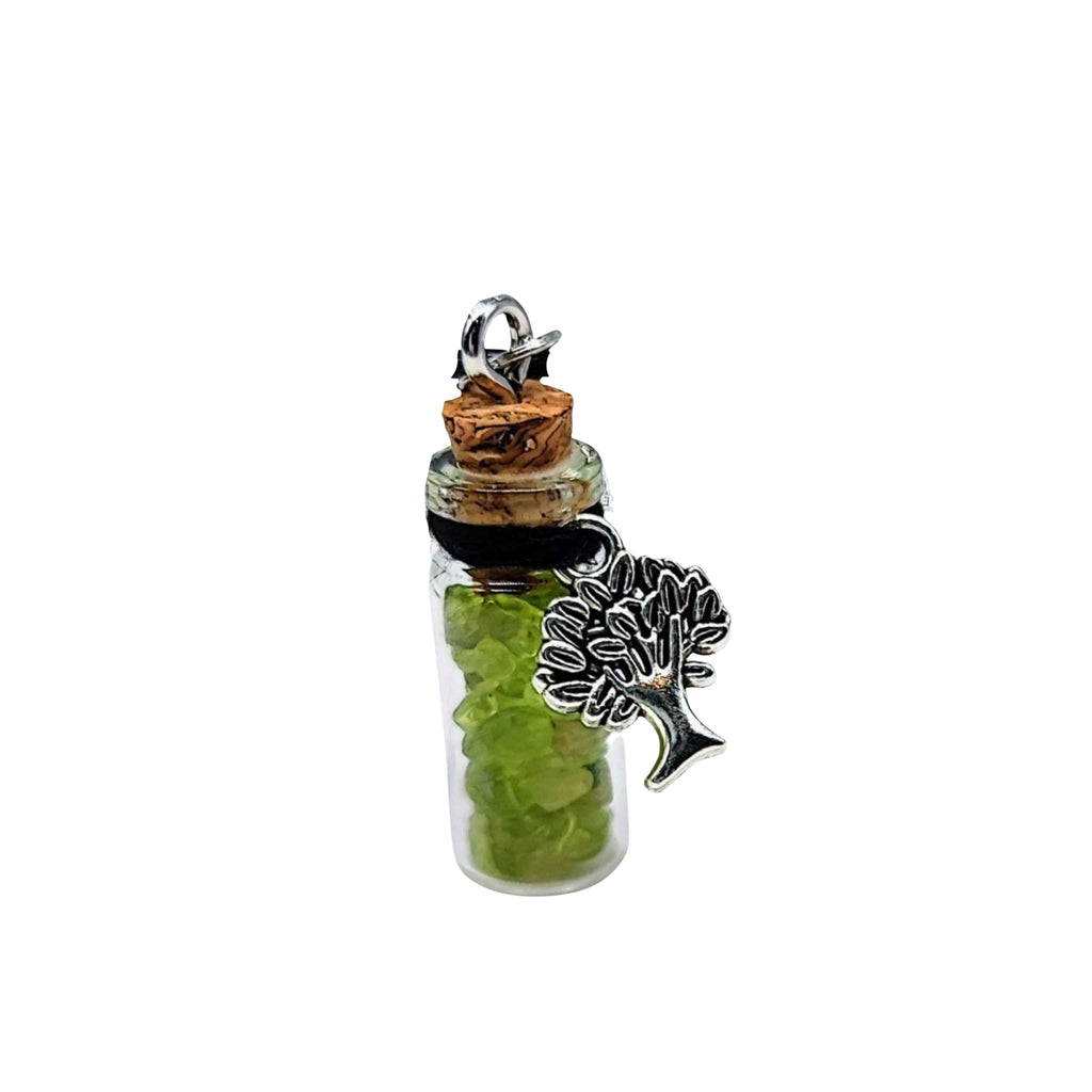 Necklace -Gemstone Chips -Tree of Life -Small Glass Bottle Peridot