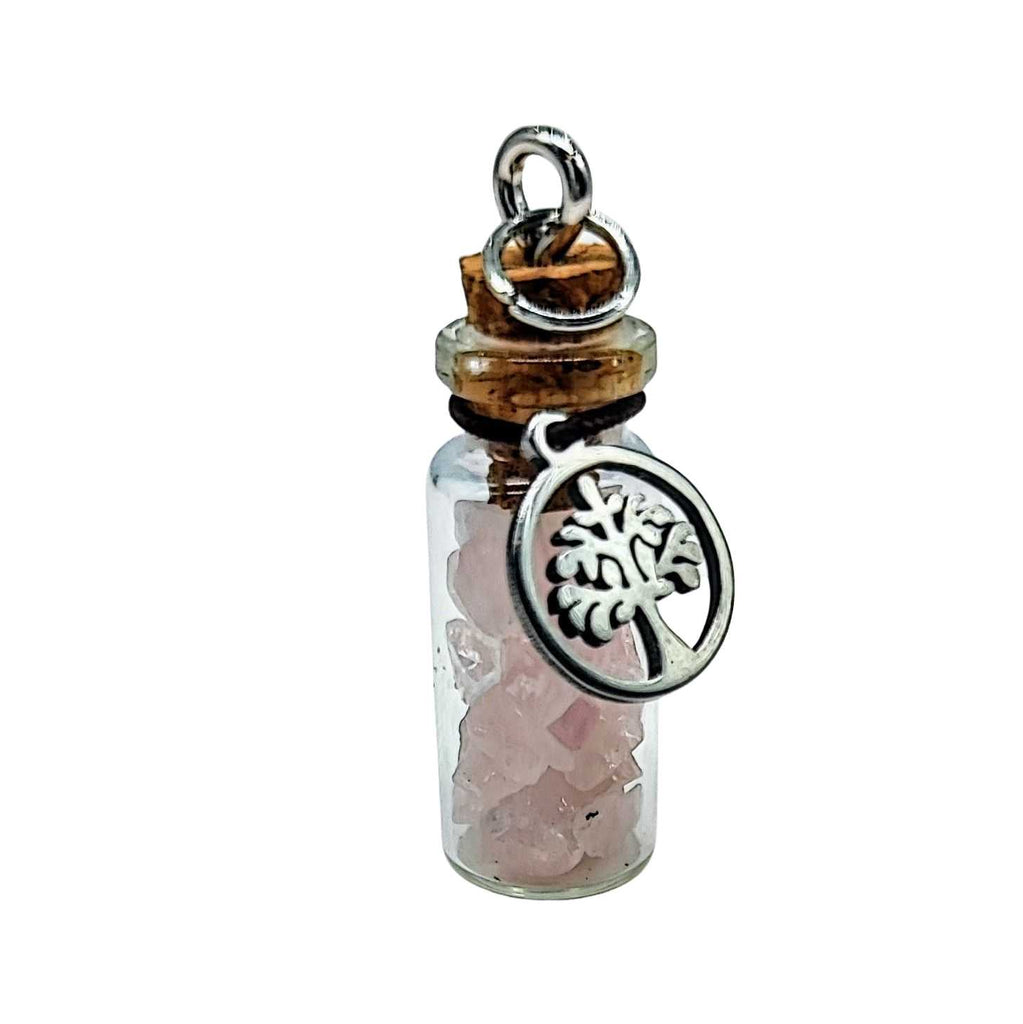 Necklace -Gemstone Chips -Tree of Life -Small Glass Bottle Rose Quartz