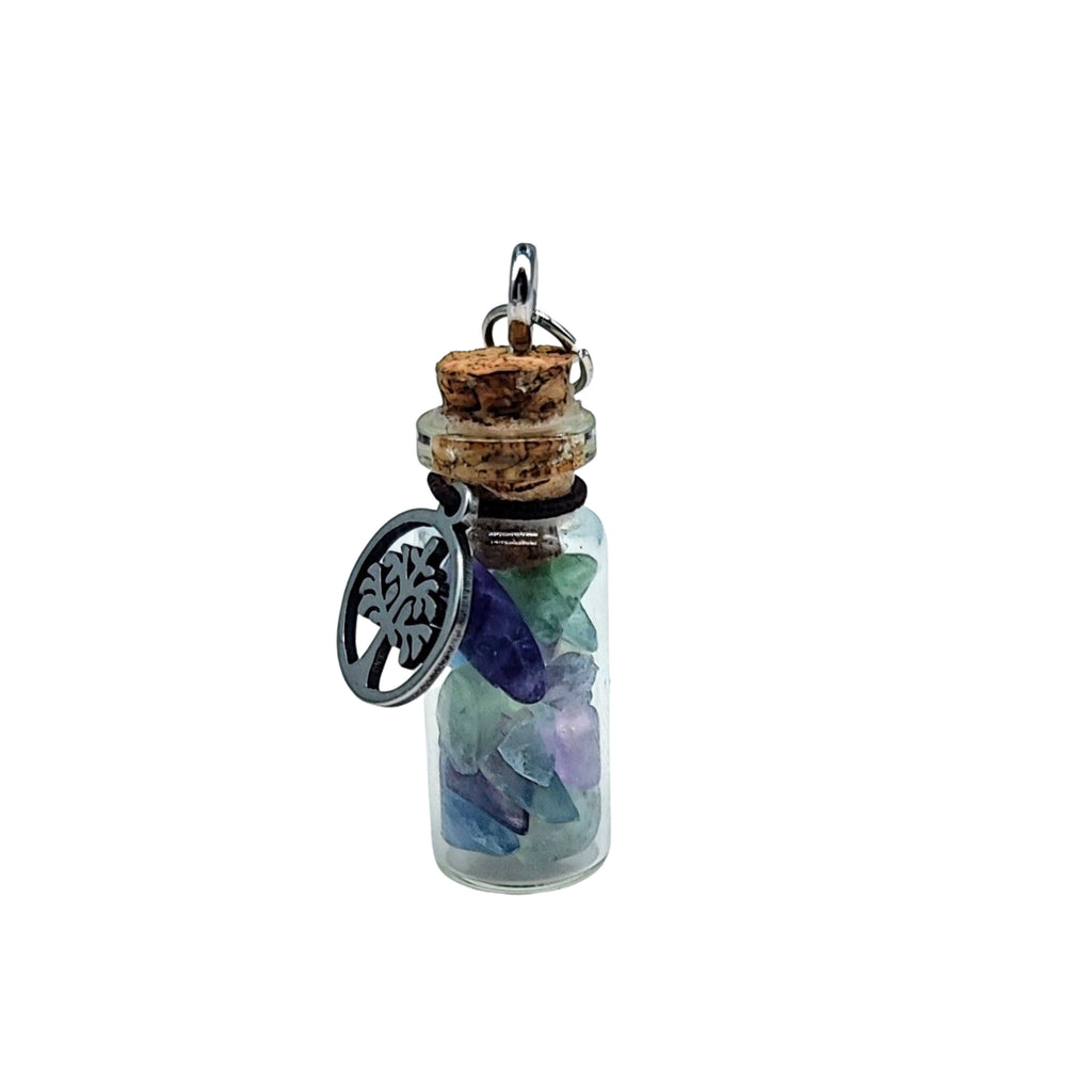 Necklace -Gemstone Chips -Tree of Life -Small Glass Bottle Fluorite
