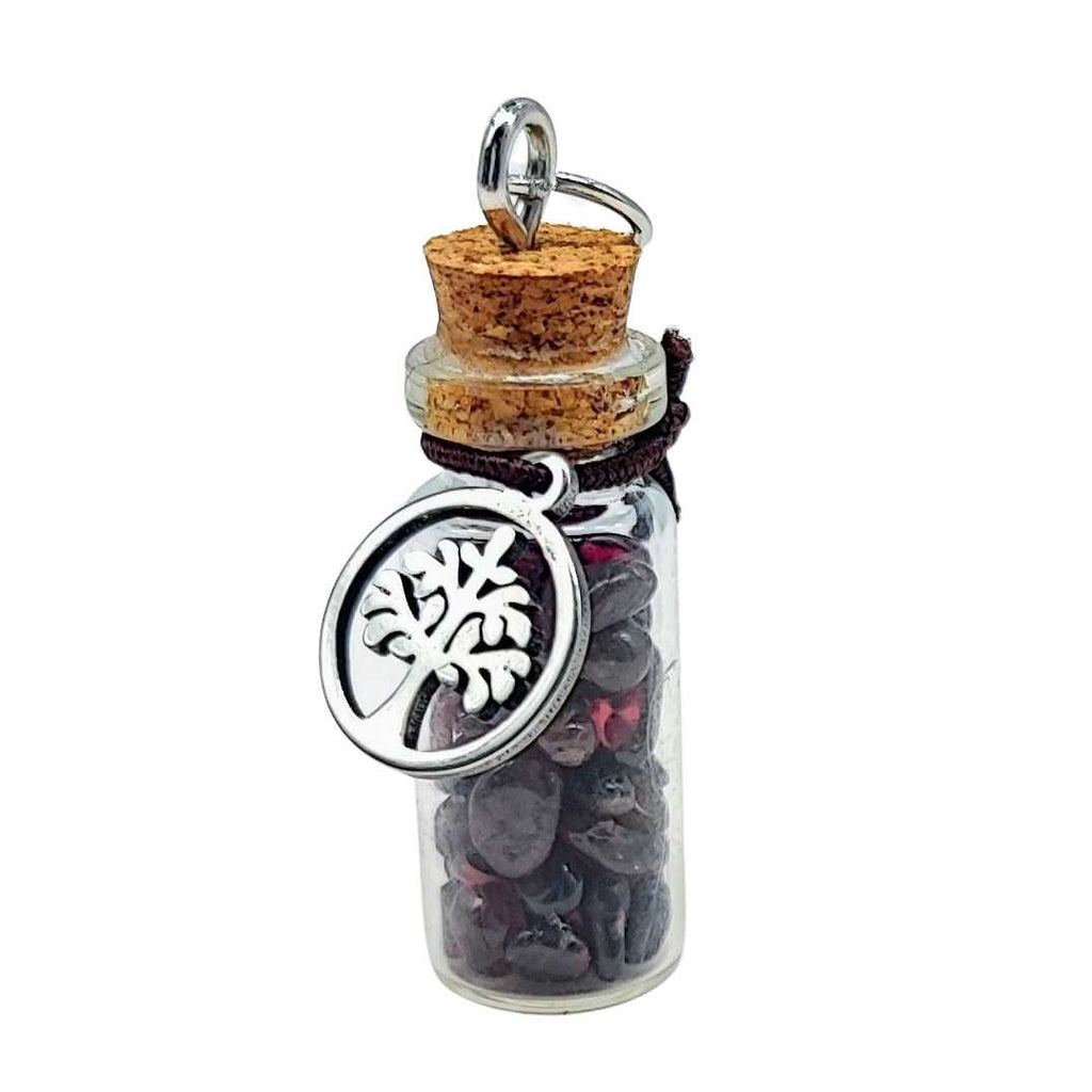 Necklace -Gemstone Chips -Tree of Life -Small Glass Bottle Garnet
