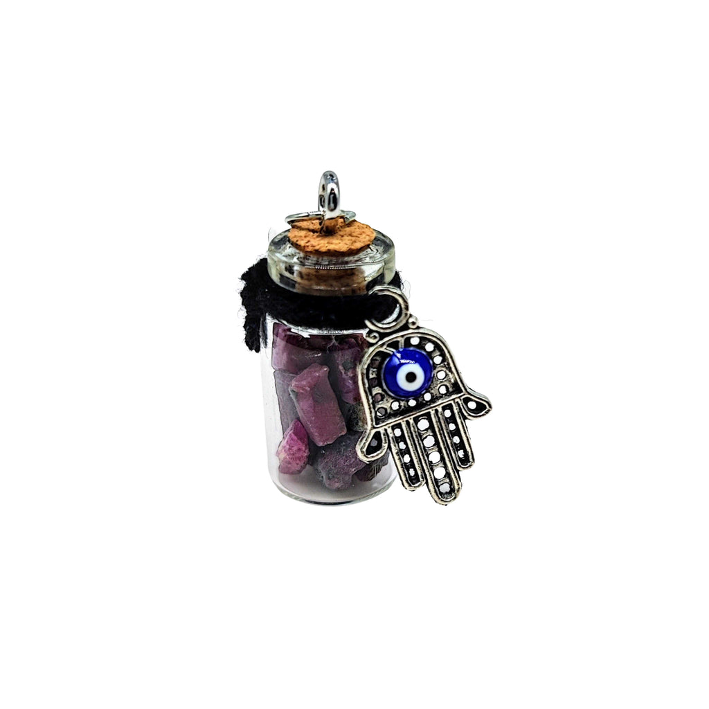 Necklace -Gemstone Chips & Fatima Hand -Glass Bottle Ruby