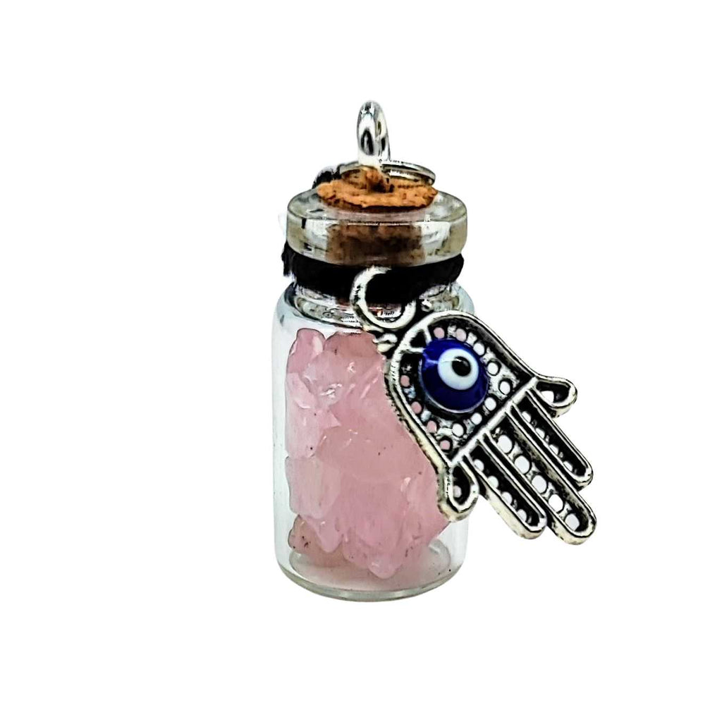 Necklace -Gemstone Chips & Fatima Hand -Glass Bottle Rose Quartz