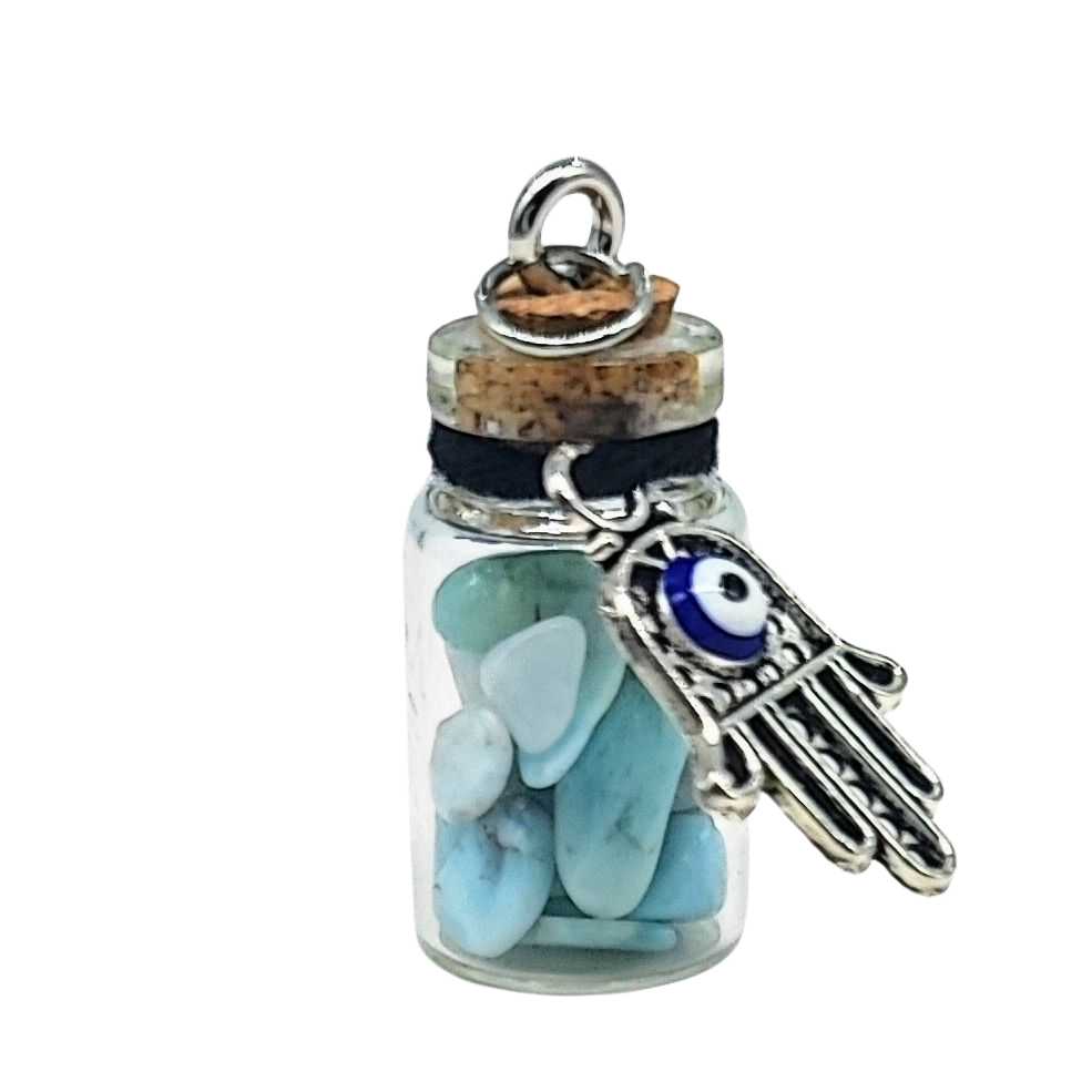 Necklace -Gemstone Chips & Fatima Hand -Glass Bottle Larimar