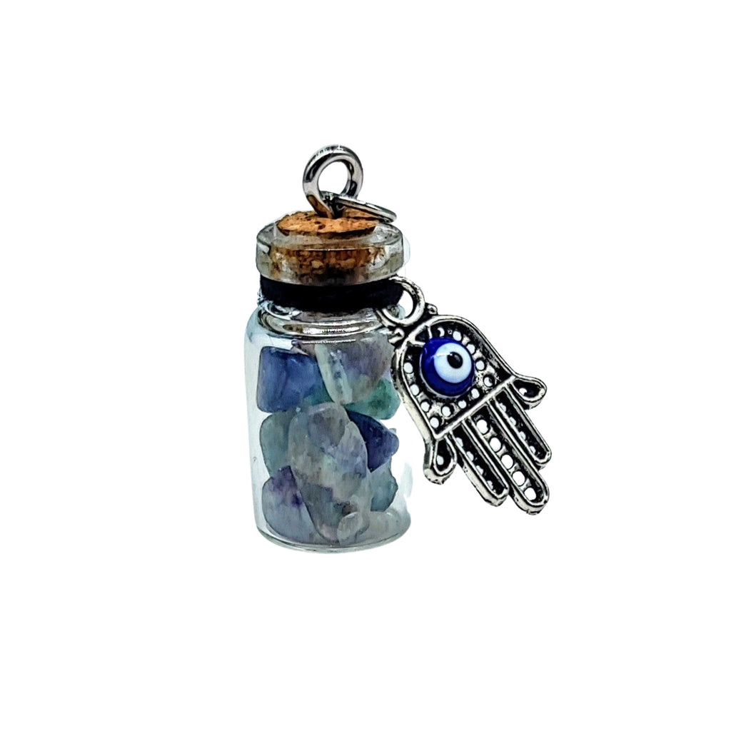 Necklace -Gemstone Chips & Fatima Hand -Glass Bottle Fluorite