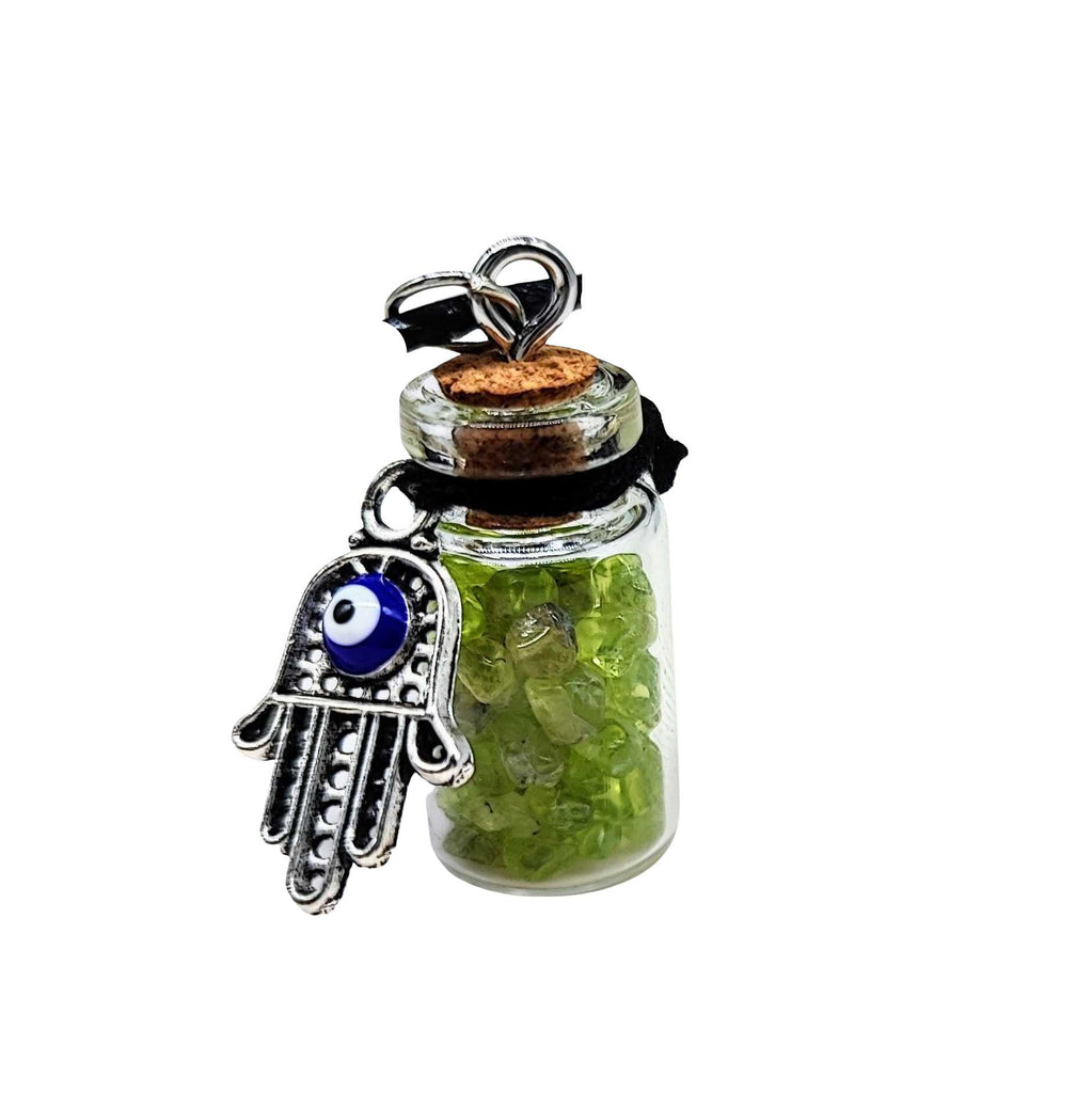 Necklace -Gemstone Chips & Fatima Hand -Glass Bottle Peridot