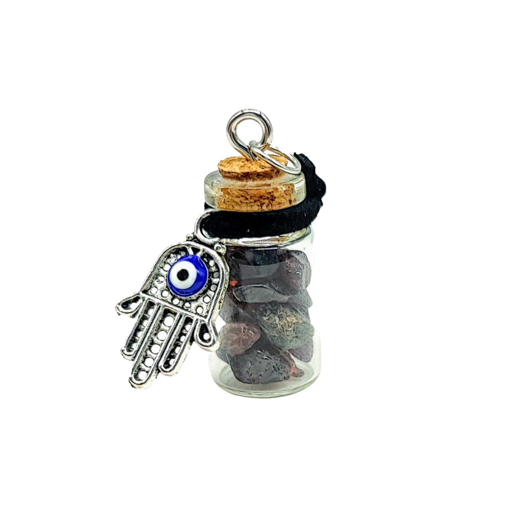 Necklace -Gemstone Chips & Fatima Hand -Glass Bottle Garnet