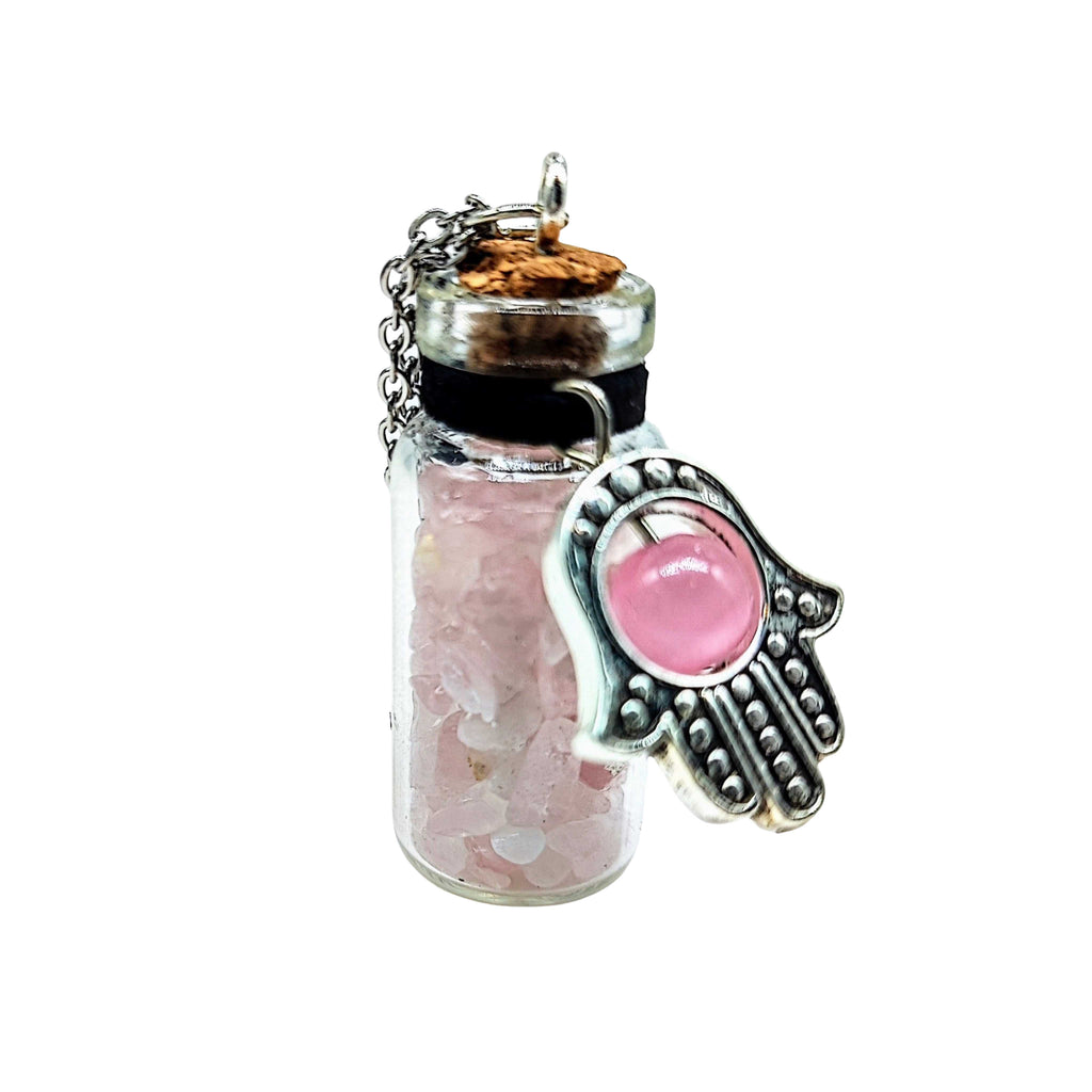 Necklace -Gemstone Chips & Fatima Hand -Large Glass Bottle Rose Quartz