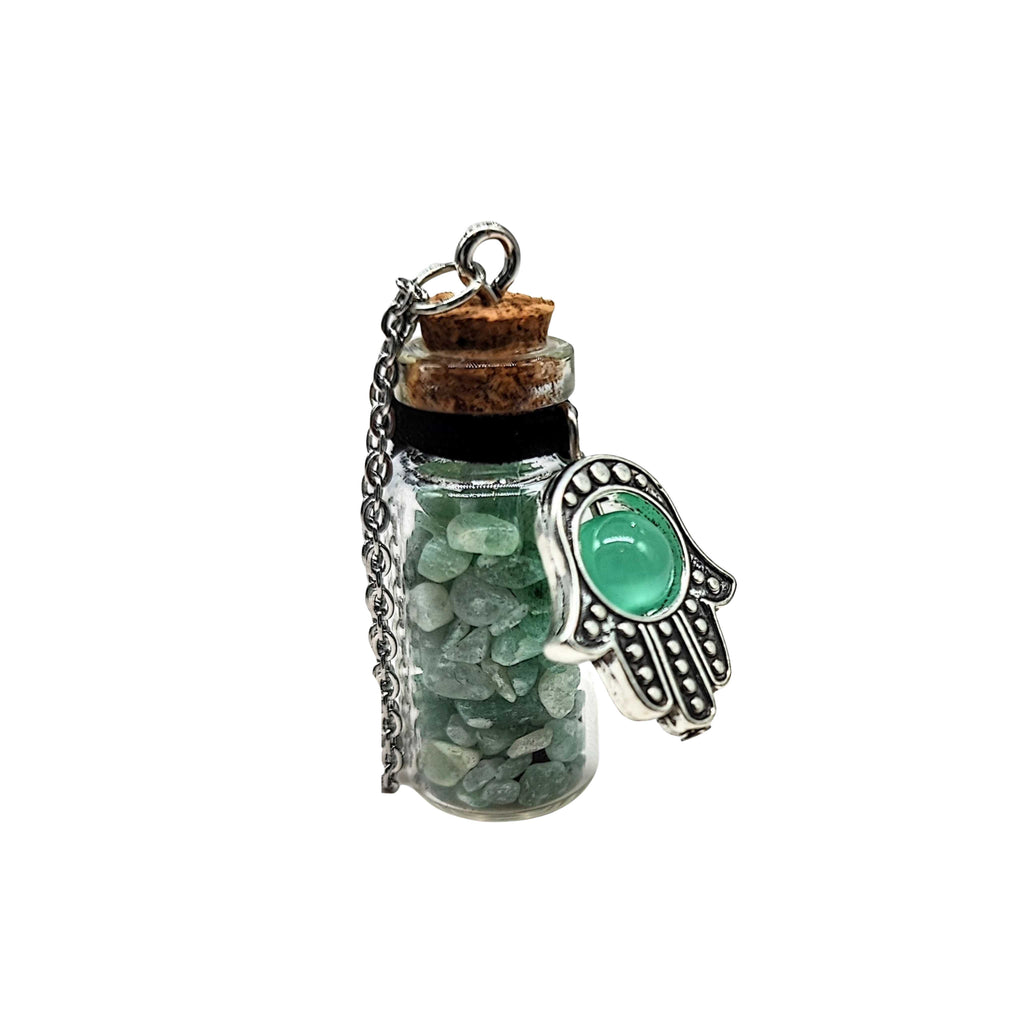 Necklace -Gemstone Chips & Fatima Hand -Large Glass Bottle Green Aventurine