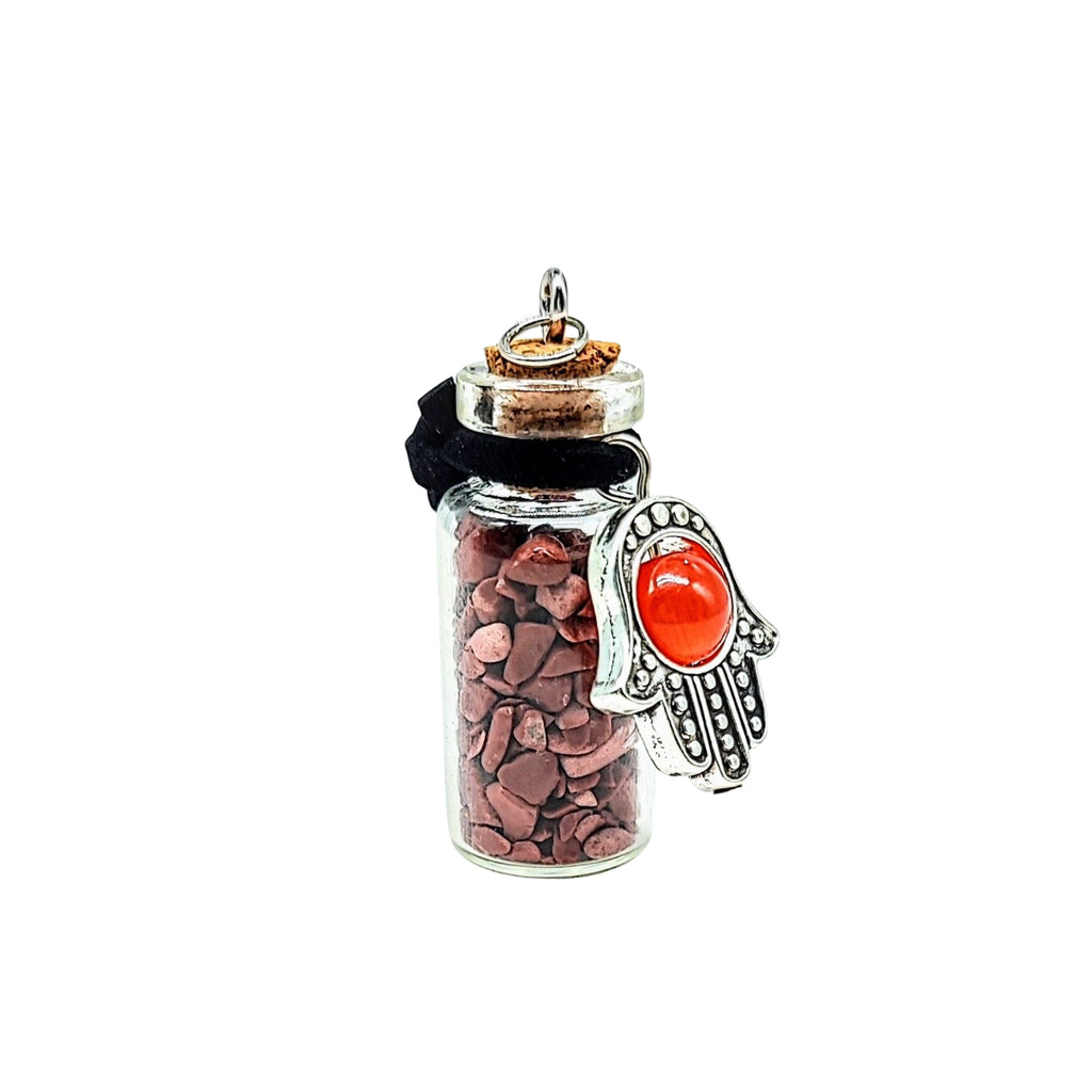 Necklace -Gemstone Chips & Fatima Hand -Large Glass Bottle Red Jasper