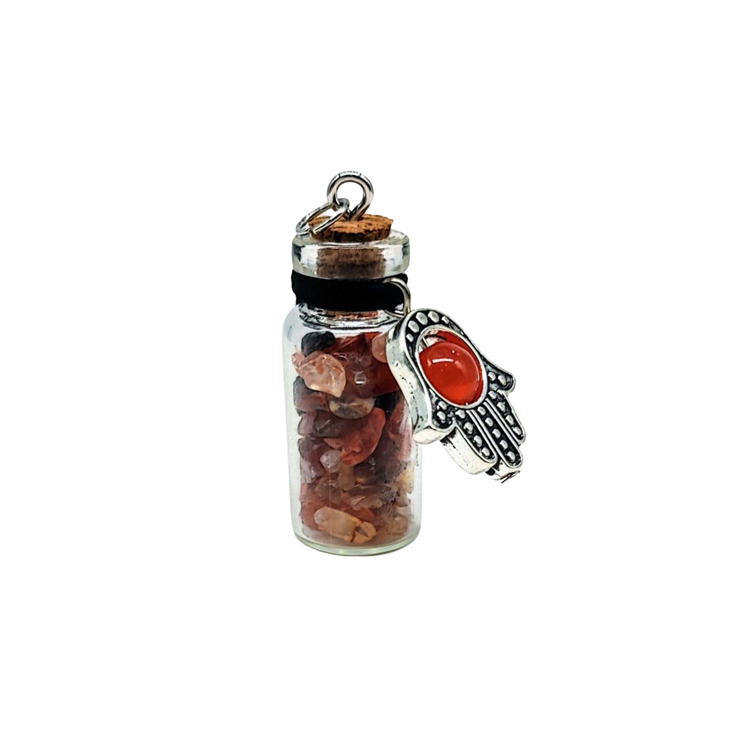 Necklace -Gemstone Chips & Fatima Hand -Large Glass Bottle Carnelian