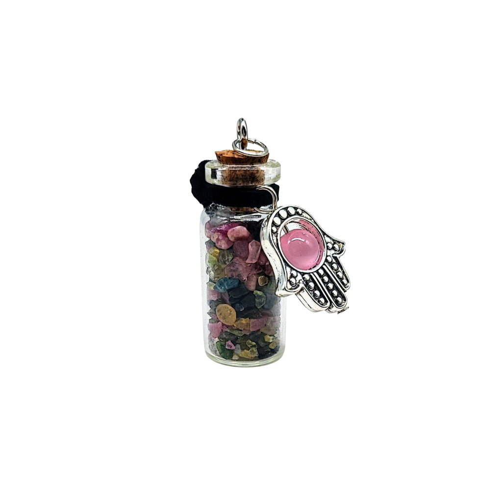 Necklace -Gemstone Chips & Fatima Hand -Large Glass Bottle Tourmaline Rainbow