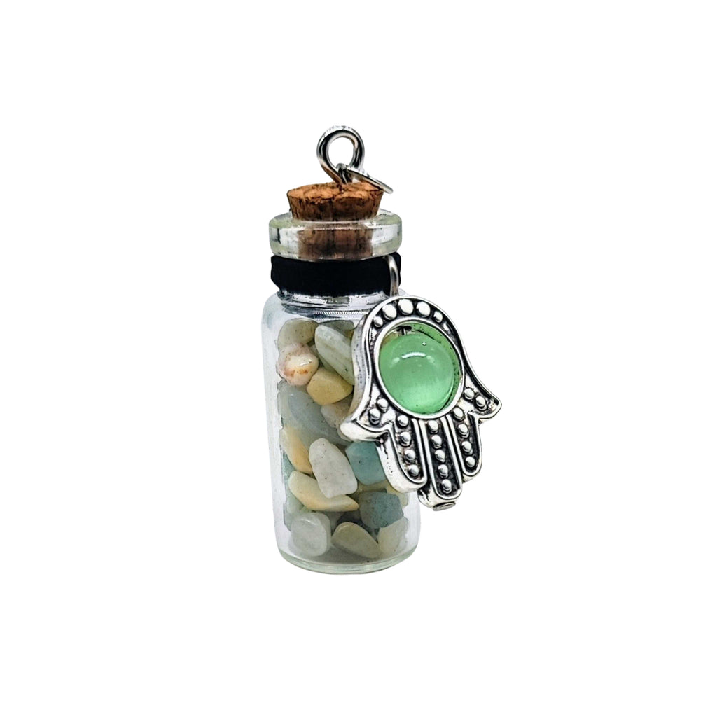Necklace -Gemstone Chips & Fatima Hand -Large Glass Bottle Aquamarine