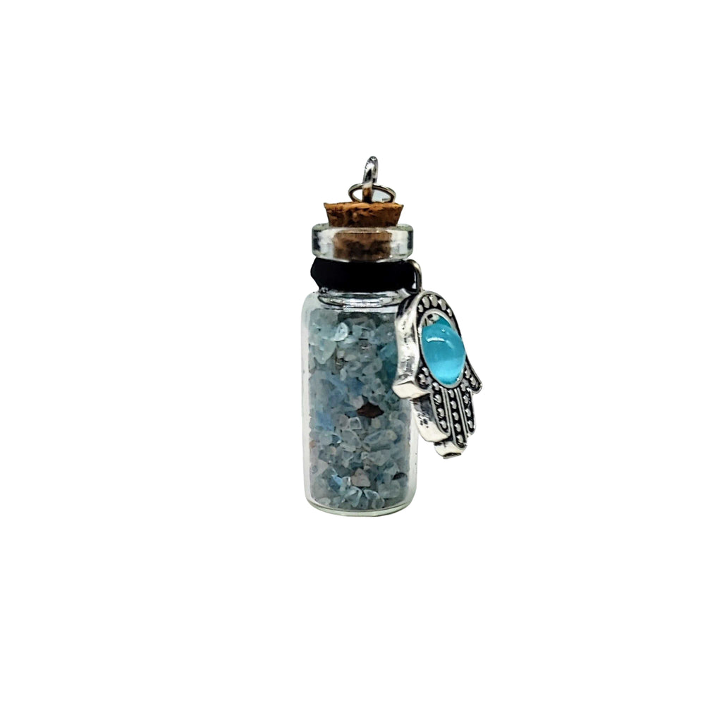Necklace -Gemstone Chips & Fatima Hand -Large Glass Bottle Aquamarine Natural