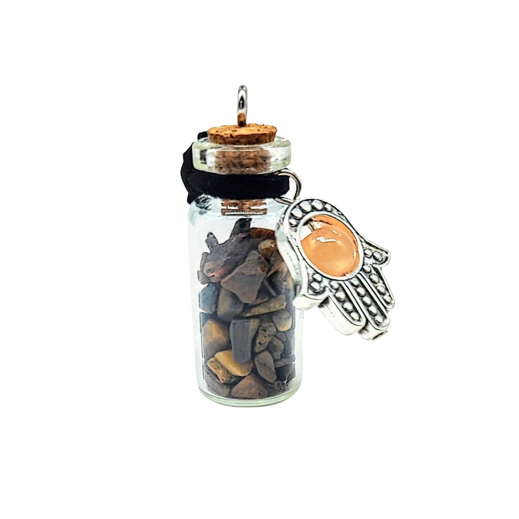 Necklace -Gemstone Chips & Fatima Hand -Large Glass Bottle Tiger Eye