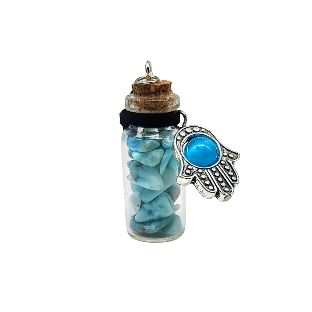 Necklace -Gemstone Chips & Fatima Hand -Large Glass Bottle Larimar