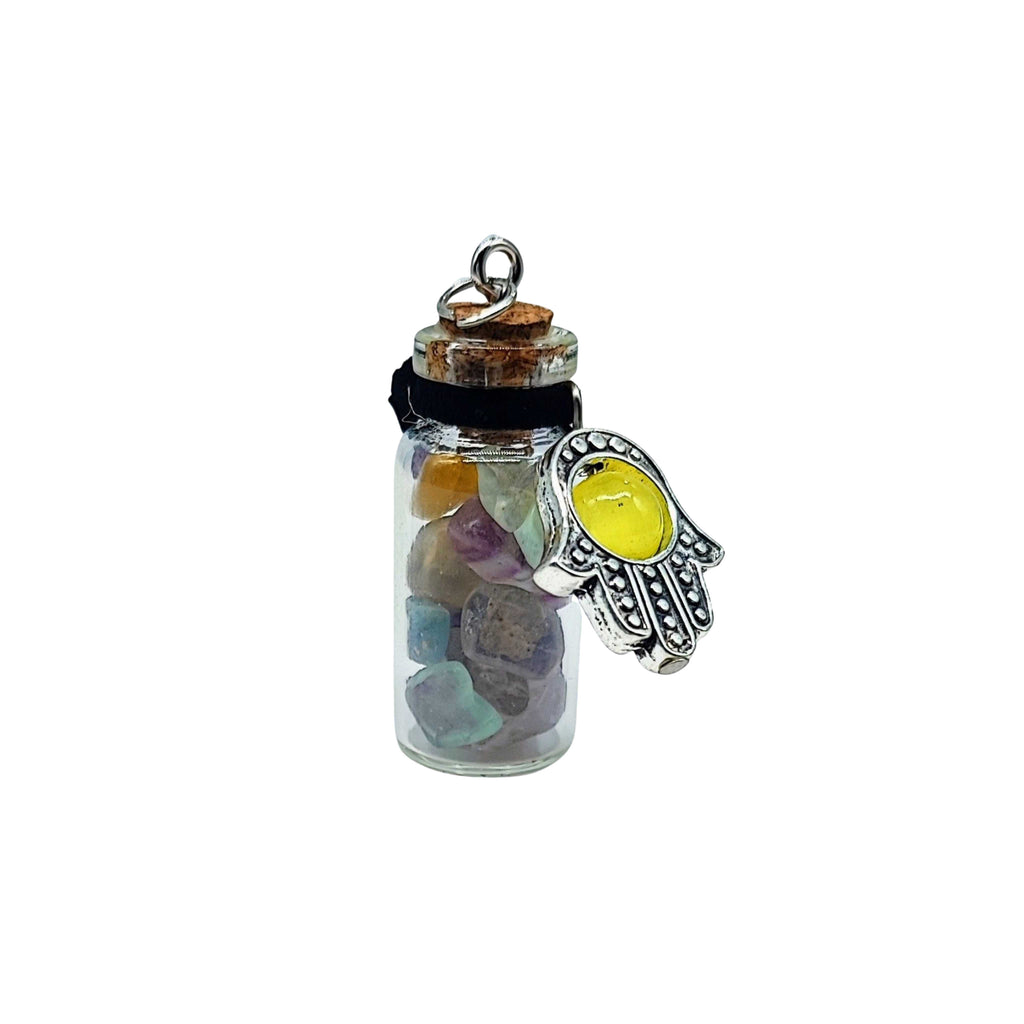 Necklace -Gemstone Chips & Fatima Hand -Large Glass Bottle Fluorite
