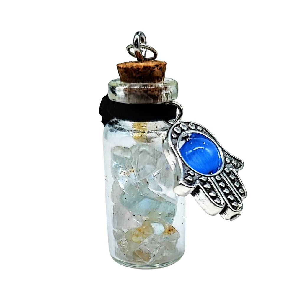Necklace -Gemstone Chips & Fatima Hand -Large Glass Bottle Topaz Natural