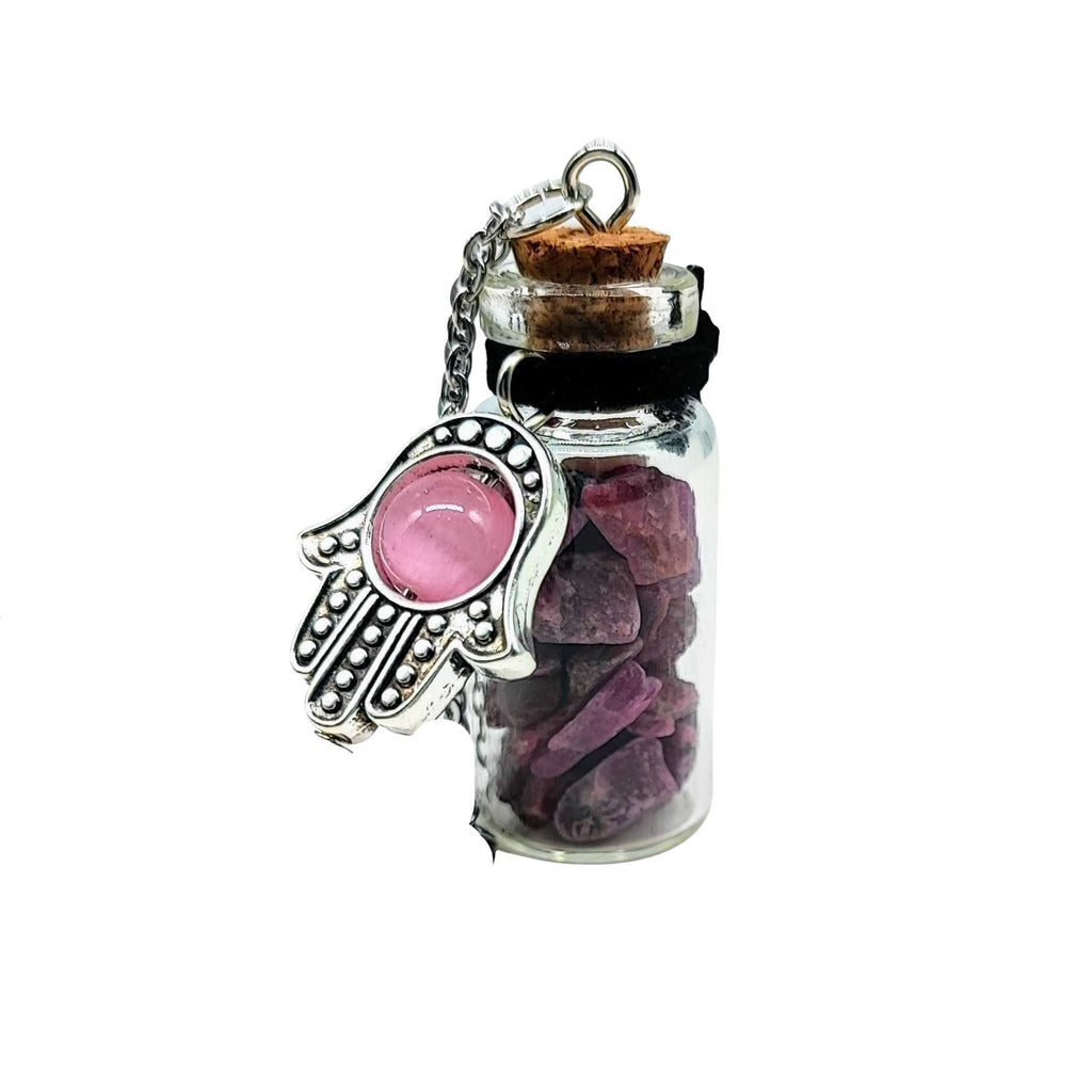 Necklace -Gemstone Chips & Fatima Hand -Large Glass Bottle Rubis