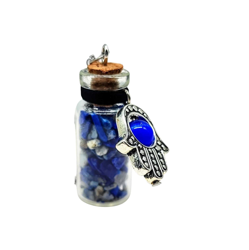 Necklace -Gemstone Chips & Fatima Hand -Large Glass Bottle Lapis Lazuli