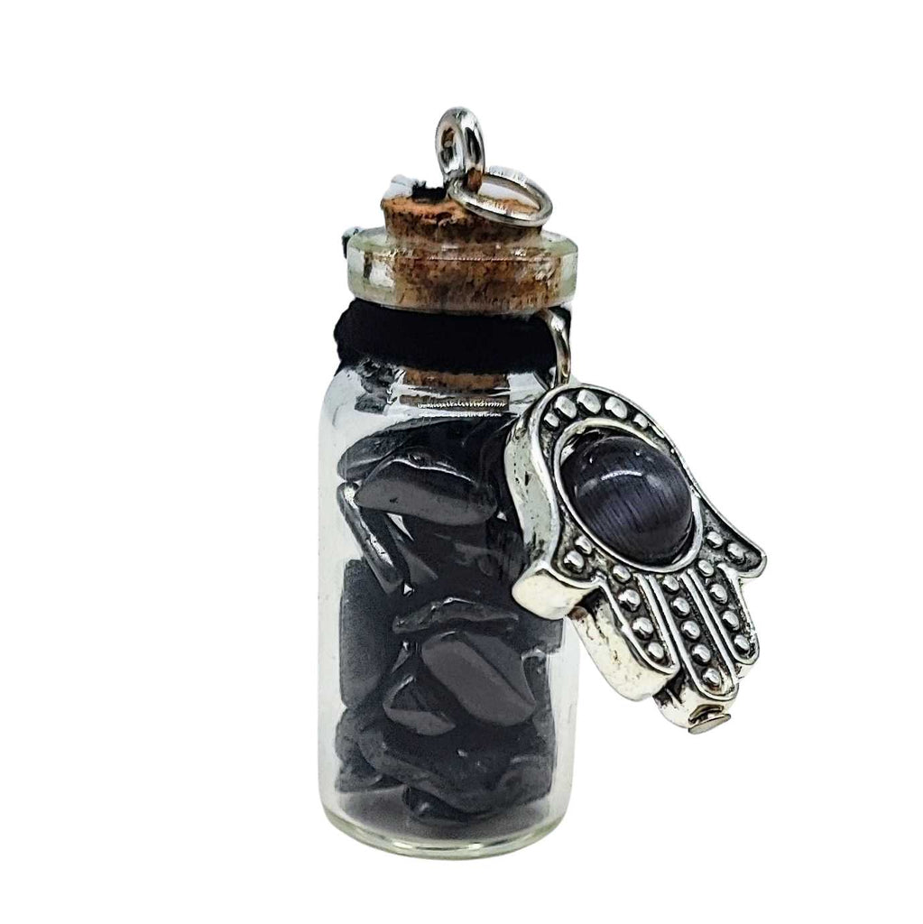Necklace -Gemstone Chips & Fatima Hand -Large Glass Bottle Shungite Noble