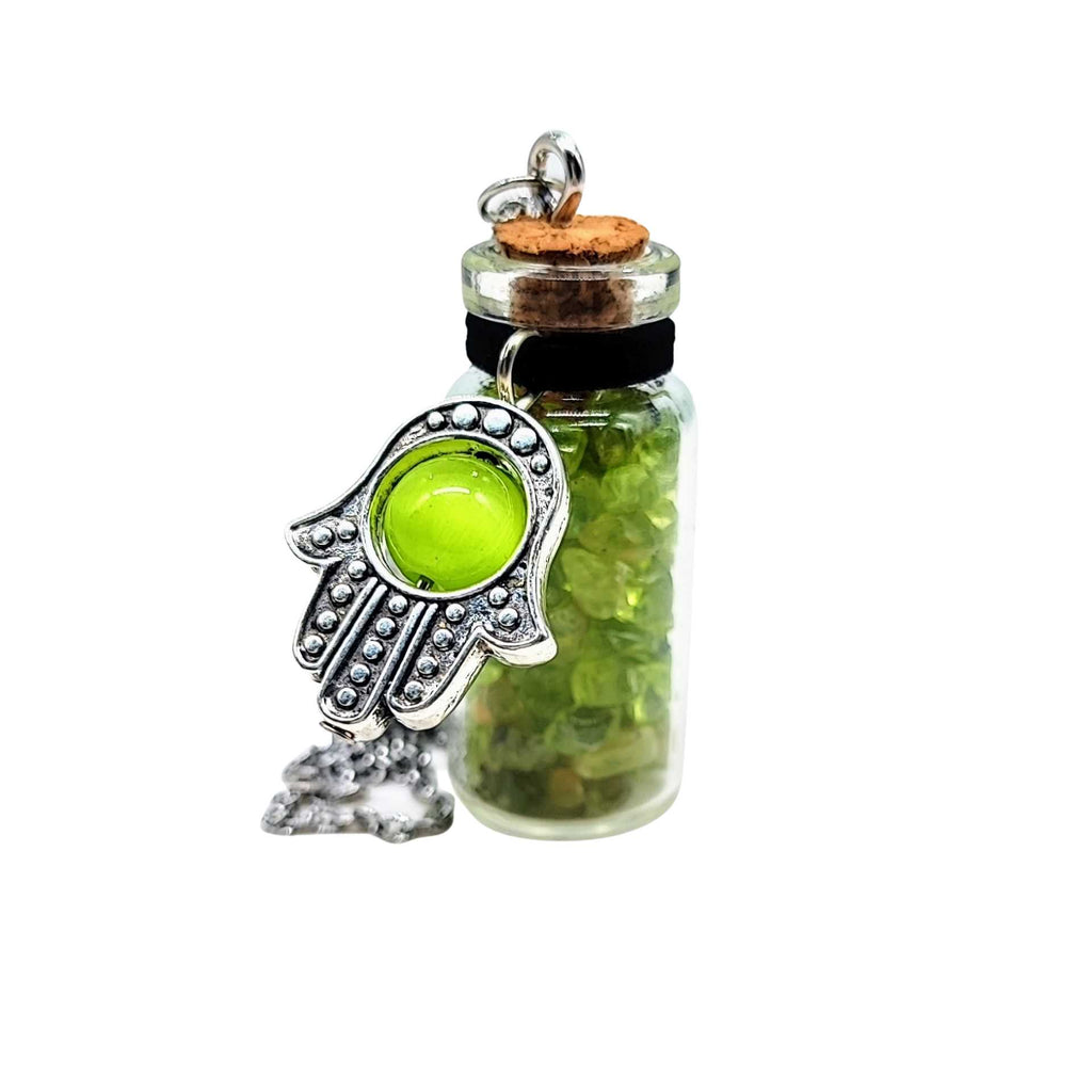 Necklace -Gemstone Chips & Fatima Hand -Large Glass Bottle Peridot