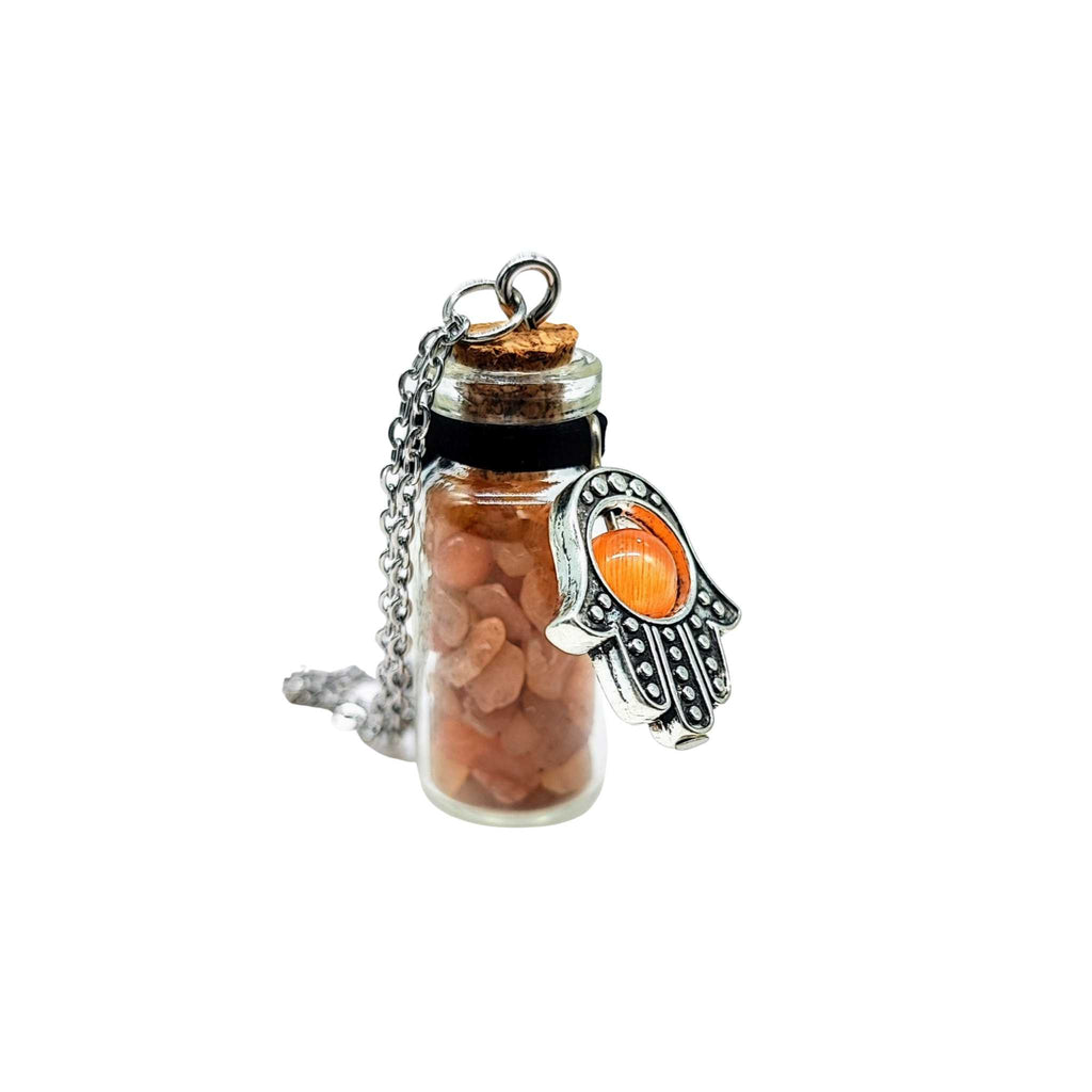 Necklace -Gemstone Chips & Fatima Hand -Large Glass Bottle Red Aventurine