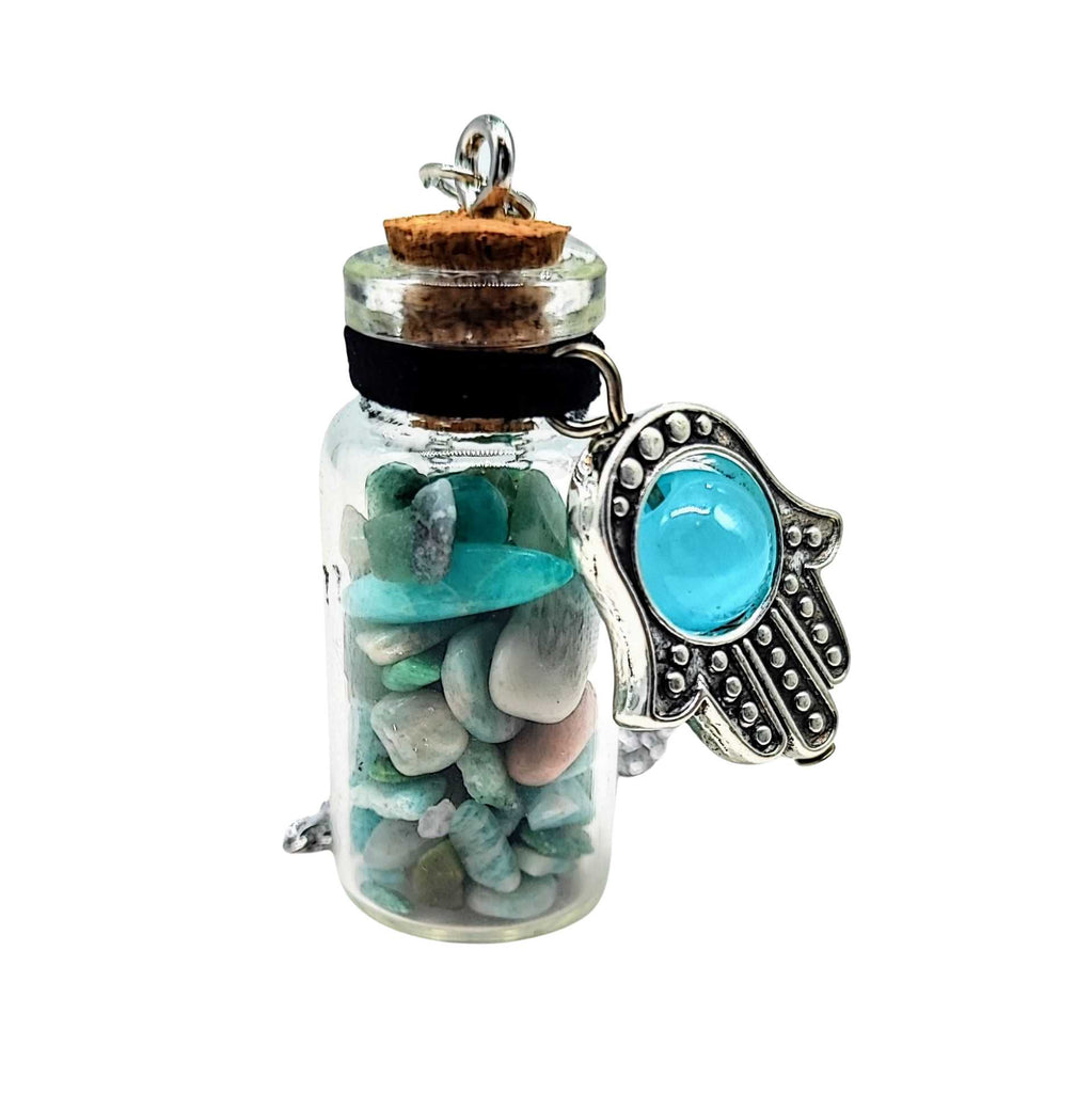 Necklace -Gemstone Chips & Fatima Hand -Large Glass Bottle Amazonite