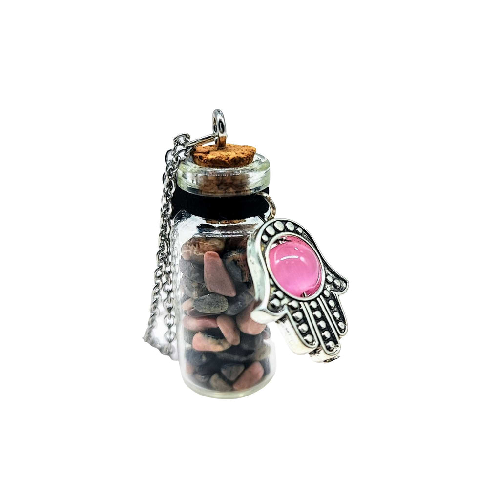 Necklace -Gemstone Chips & Fatima Hand -Large Glass Bottle Rhodonite
