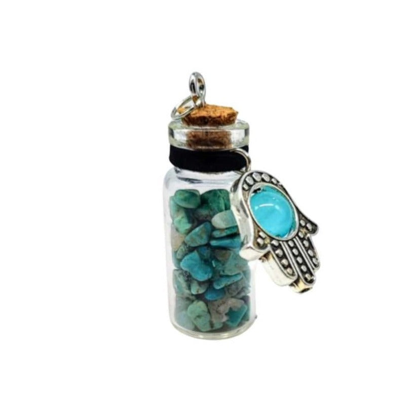 Necklace -Gemstone Chips & Fatima Hand -Large Glass Bottle Turquoise