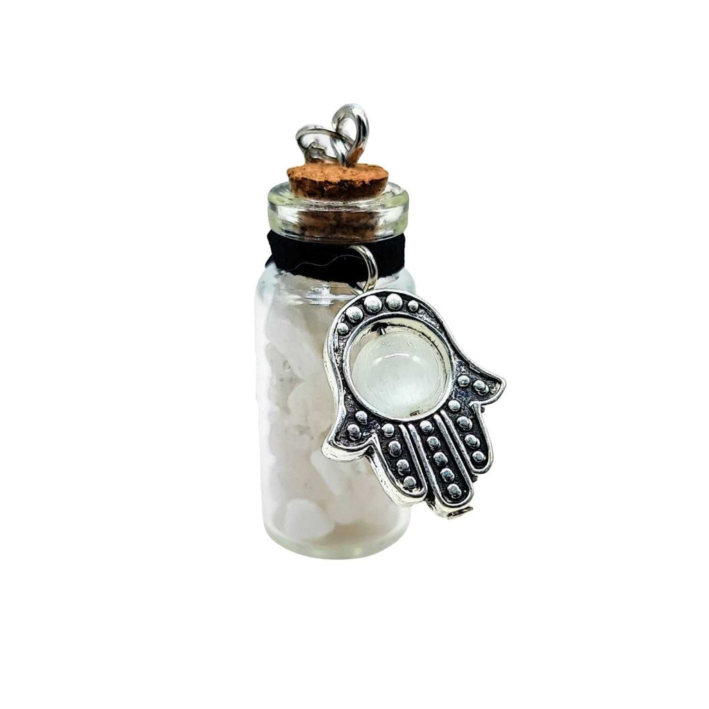 Necklace -Gemstone Chips & Fatima Hand -Large Glass Bottle White Jade