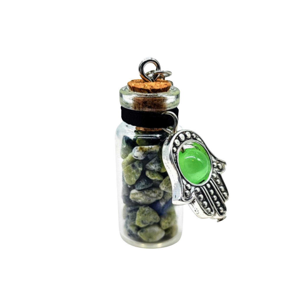 Necklace -Gemstone Chips & Fatima Hand -Large Glass Bottle Jadeite