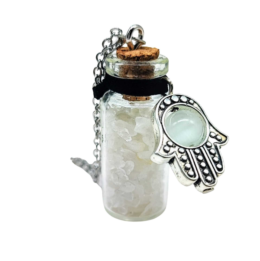 Necklace -Gemstone Chips & Fatima Hand -Large Glass Bottle Cristal Quartz