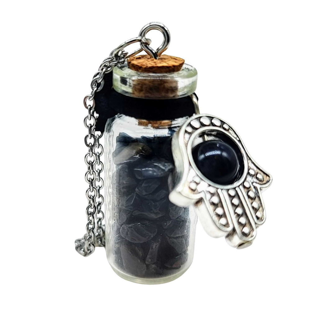 Necklace -Gemstone Chips & Fatima Hand -Large Glass Bottle Black Onyx