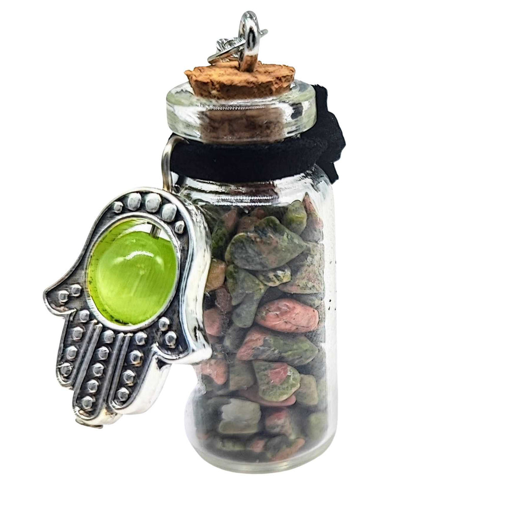 Necklace -Gemstone Chips & Fatima Hand -Large Glass Bottle Unakite
