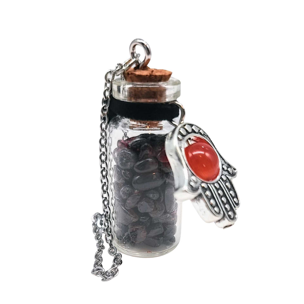 Necklace -Gemstone Chips & Fatima Hand -Large Glass Bottle Garnet